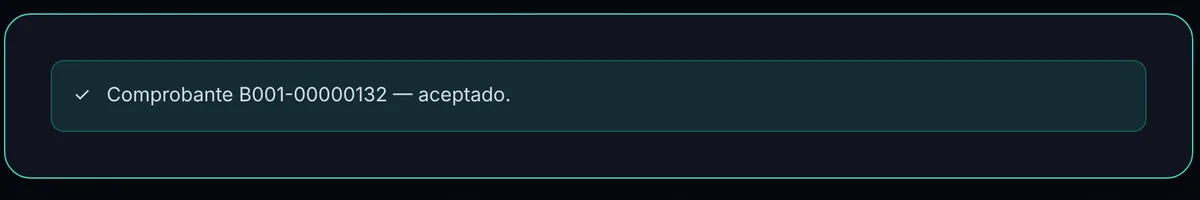 Mensaje de BillerPro: comprobante B001-00000132 aceptado