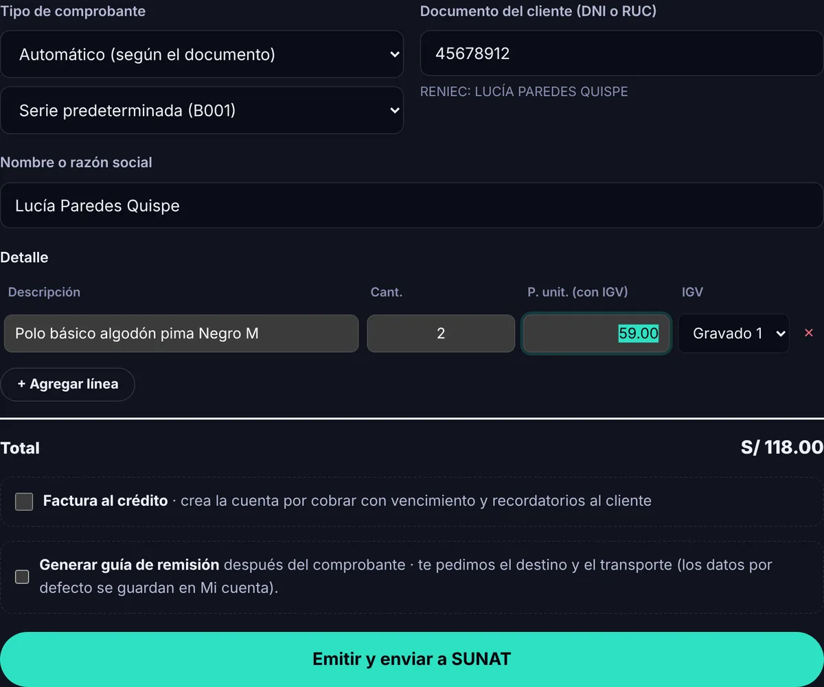 Pantalla de BillerPro para emitir una boleta: DNI del cliente, producto buscado en el catálogo, cantidad 2 y total de 118 soles