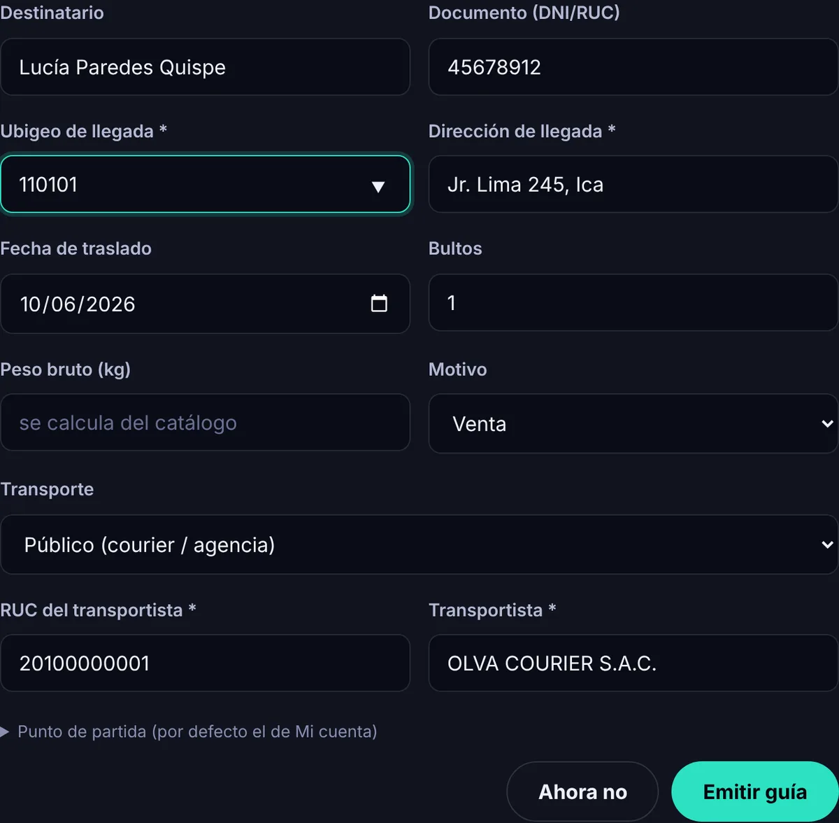 Formulario de BillerPro para emitir una guía de remisión: destinatario, ubigeo y dirección de llegada, fecha de traslado, bultos, peso, motivo venta y transporte público con el RUC del transportista